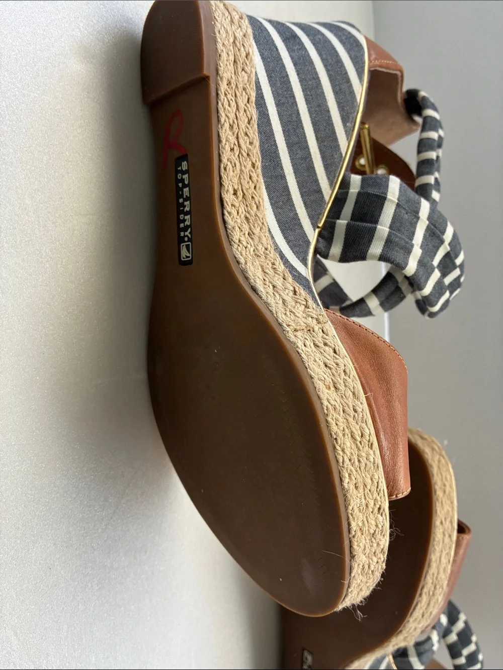 Sperry Navy Striped and Brown Leather Wedge Sandals
